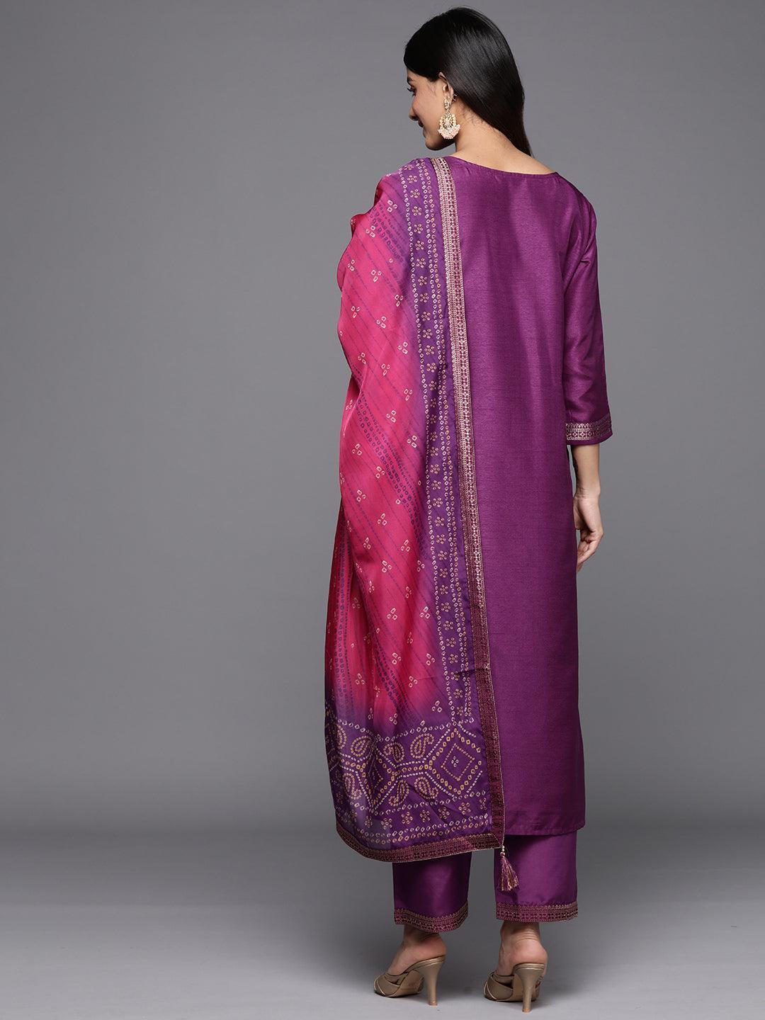 Purple Self Design Silk Blend Straight Suit Set With Trousers