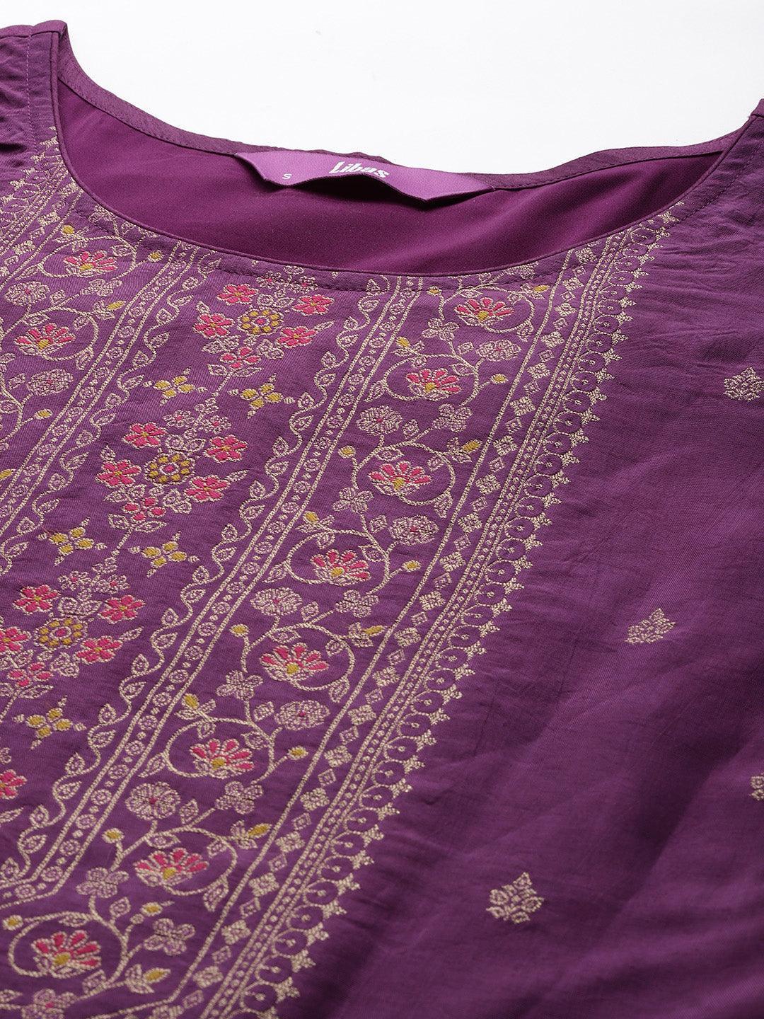 Purple Self Design Silk Blend Straight Suit Set With Trousers - ShopLibas