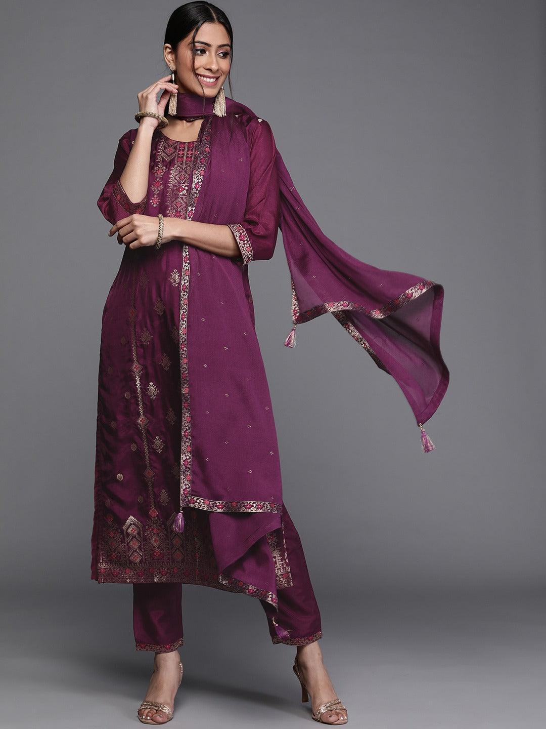 Purple Self Design Silk Suit Set