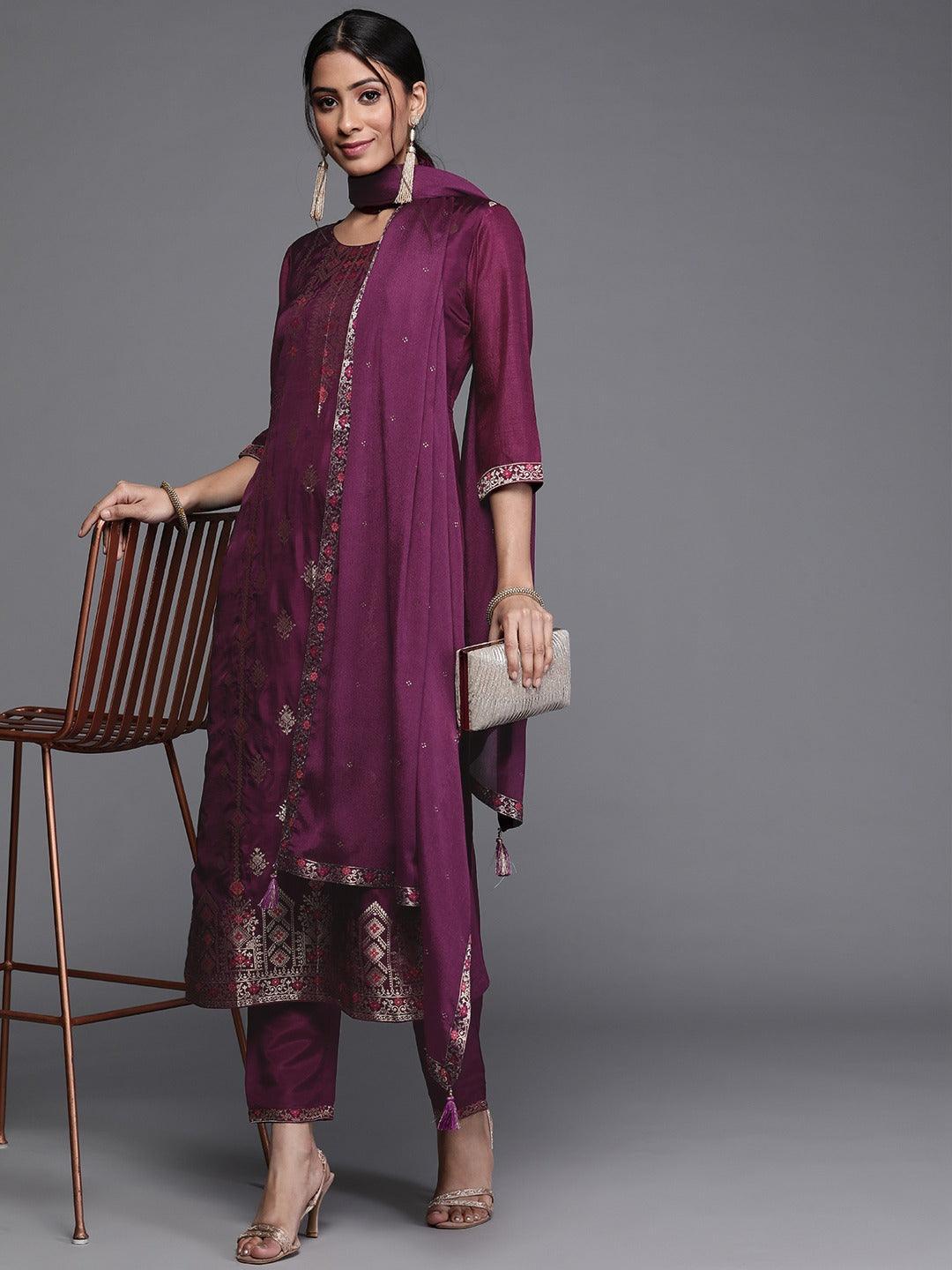 Purple Self Design Silk Suit Set