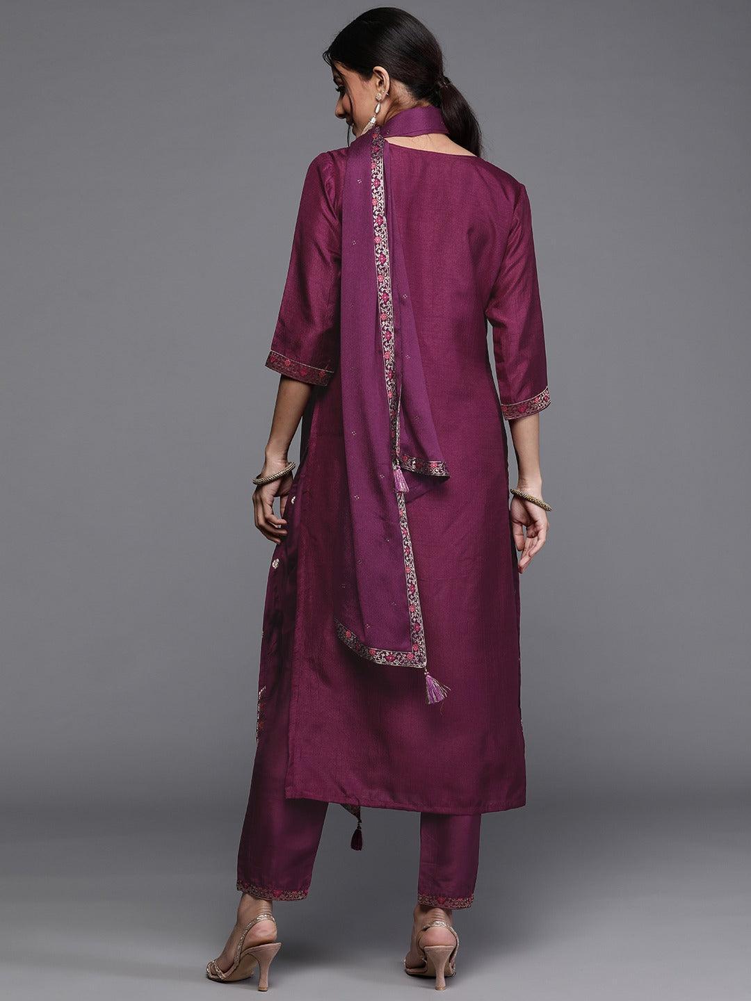 Purple Self Design Silk Suit Set