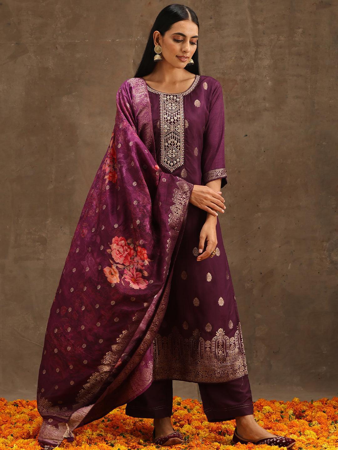 Purple Self Design Silk Suit Set With Trousers