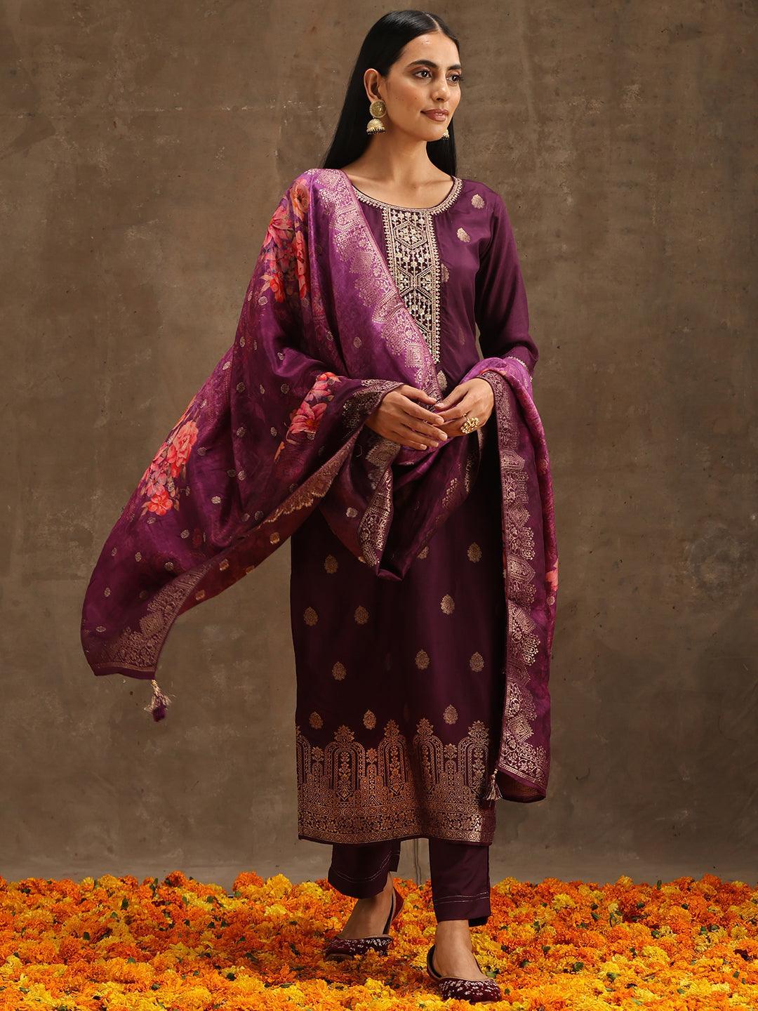 Purple Self Design Silk Suit Set With Trousers