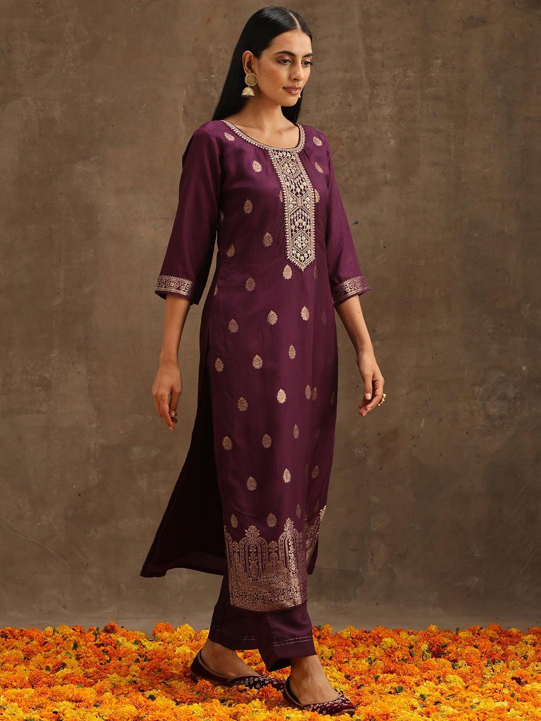 Purple Self Design Silk Suit Set With Trousers