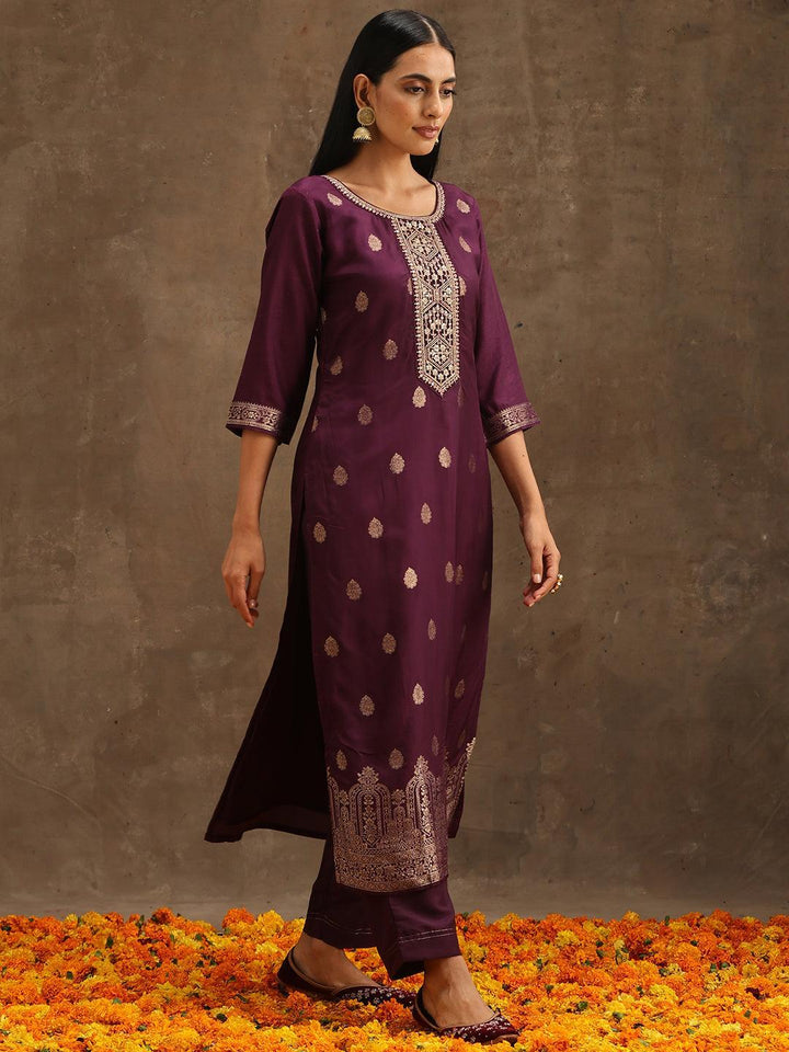 Purple Self Design Silk Suit Set With Trousers - ShopLibas