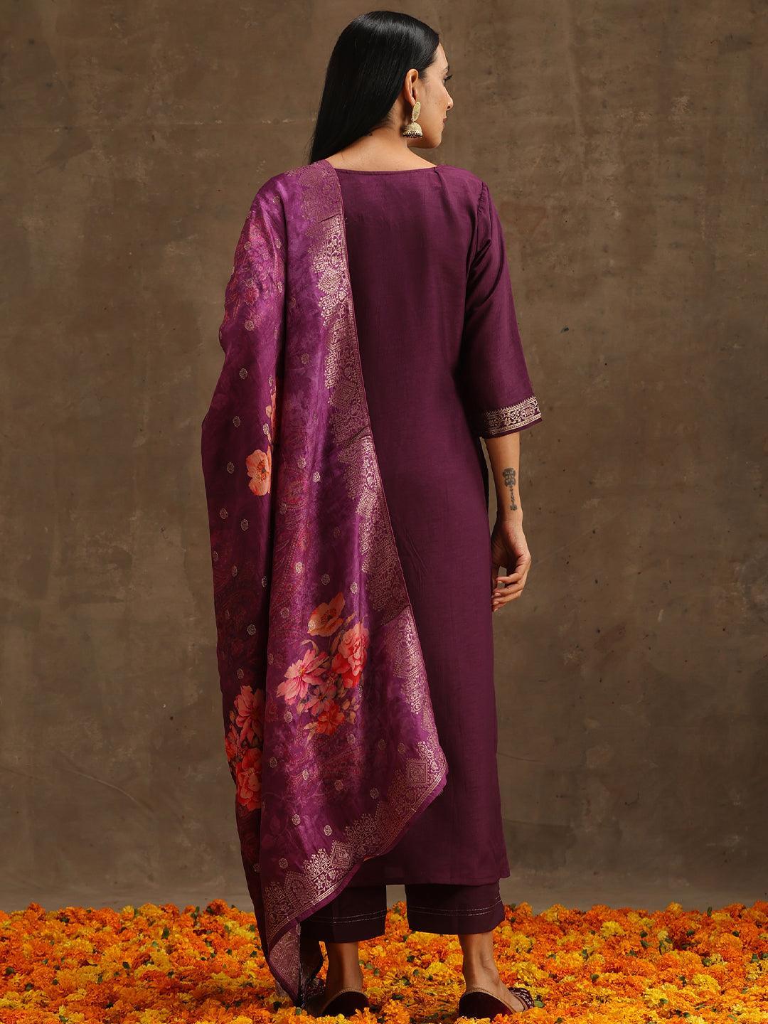 Purple Self Design Silk Suit Set With Trousers