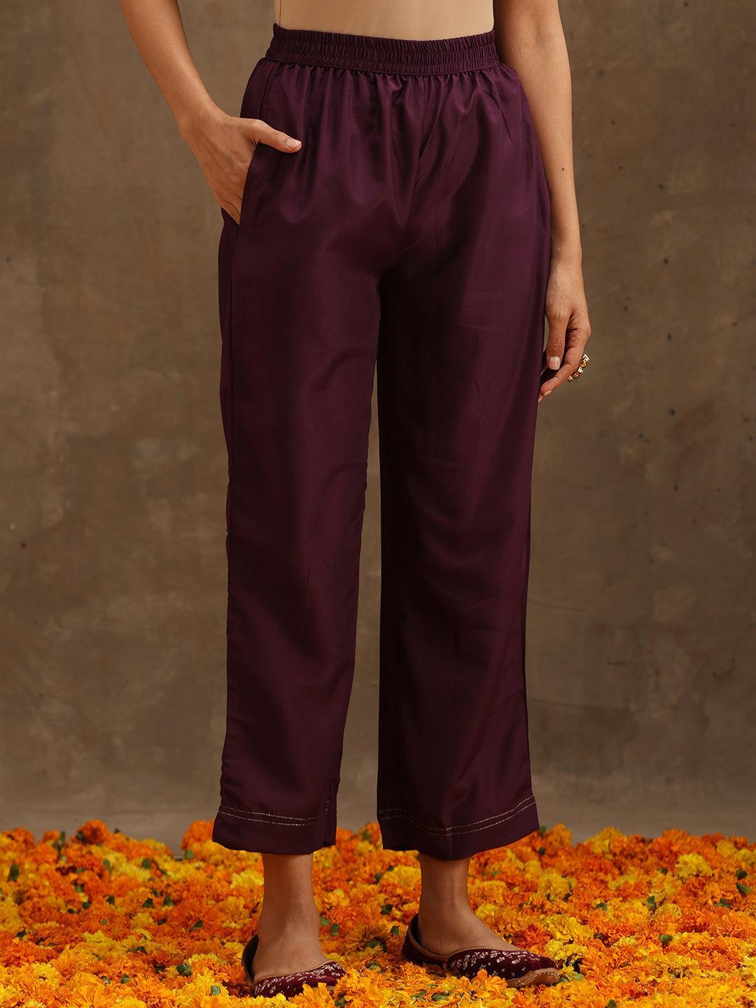 Purple Self Design Silk Suit Set With Trousers