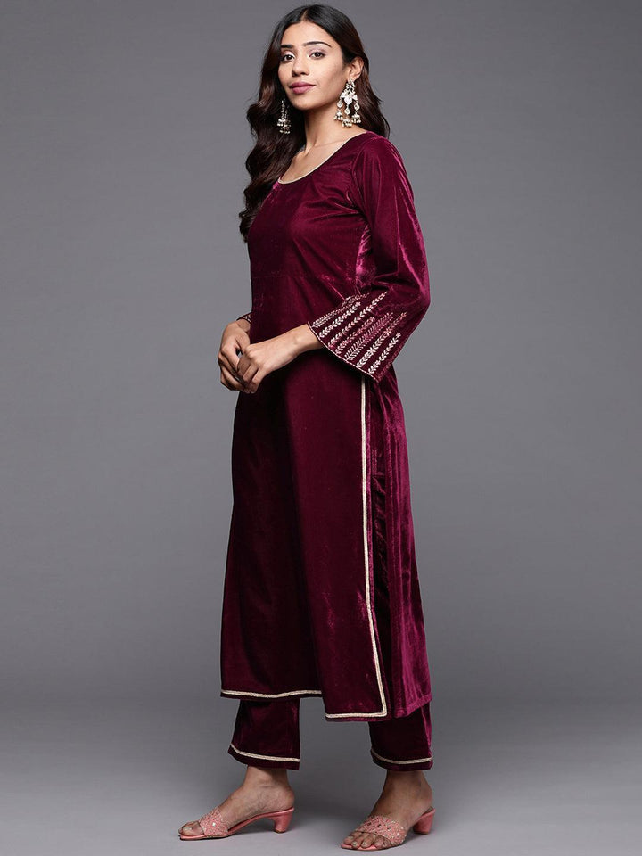 Purple Solid Velvet Straight Suit Set - ShopLibas