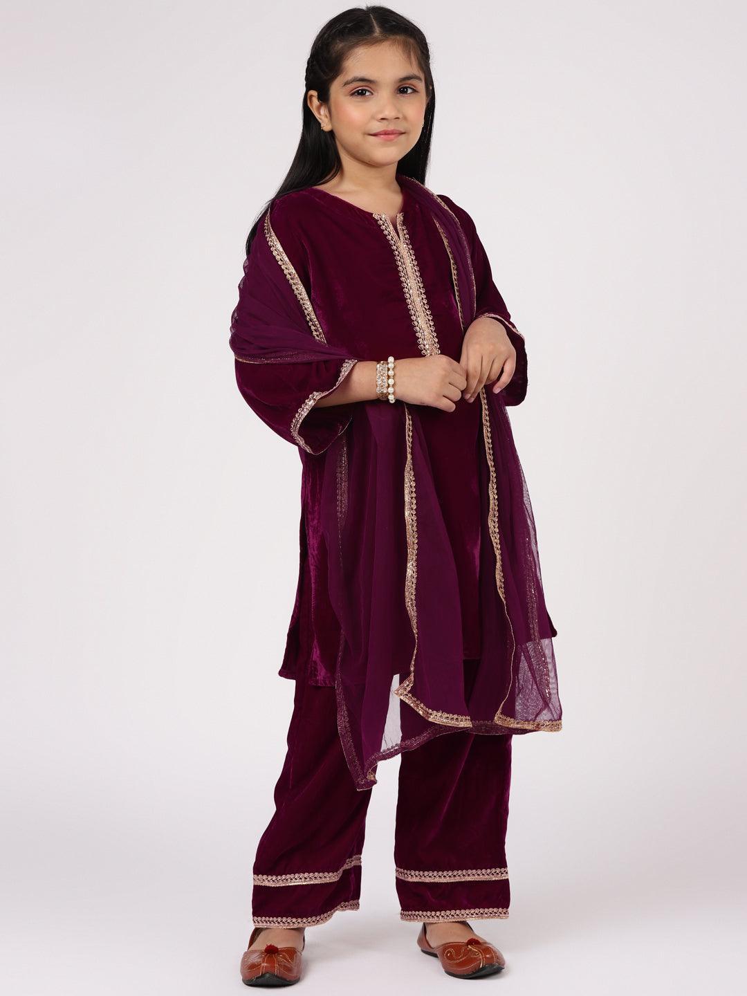 Kids Purple Solid Velvet Straight Suit Set