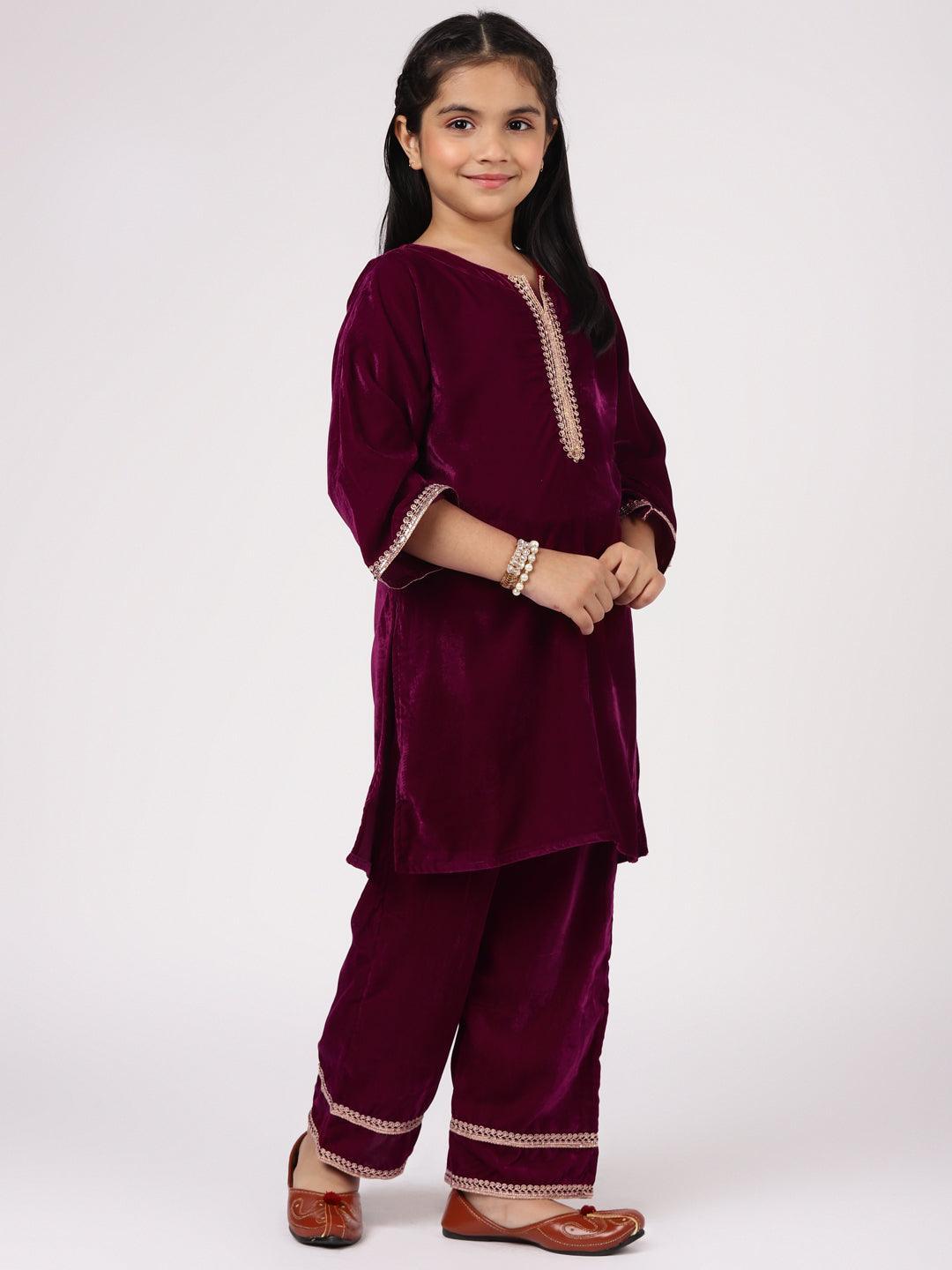 Kids Purple Solid Velvet Straight Suit Set