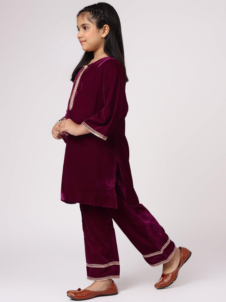 Purple Solid Velvet Straight Suit Set - ShopLibas