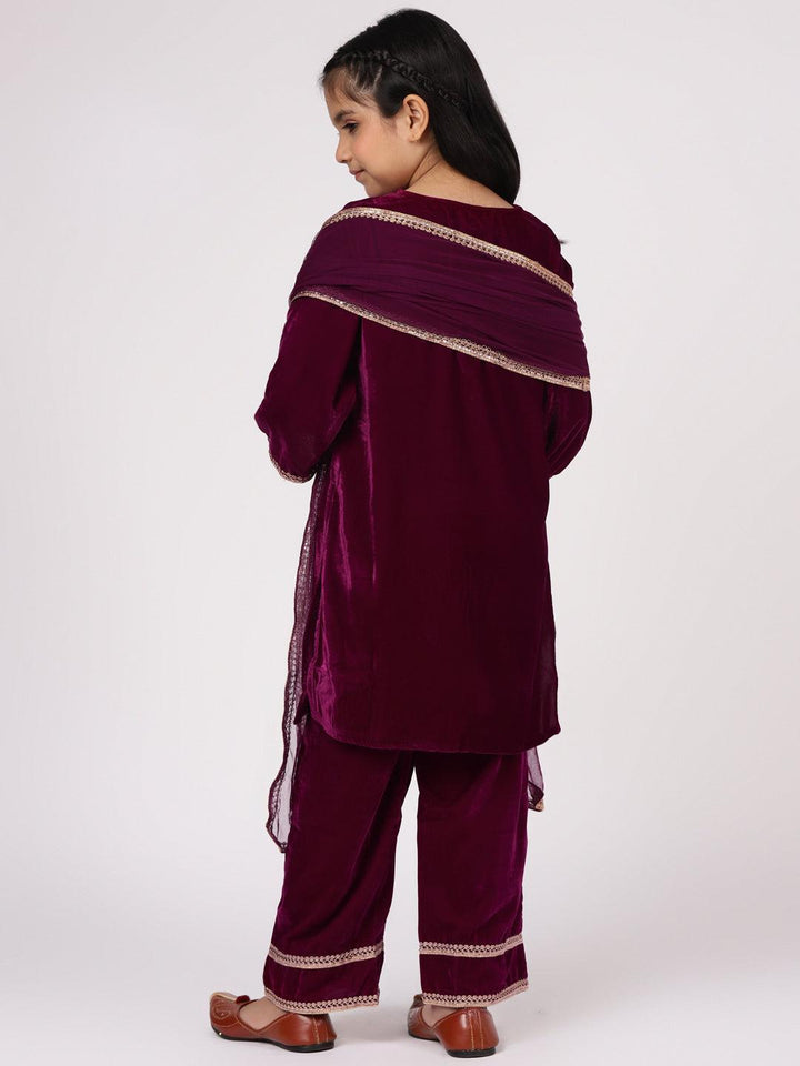 Purple Solid Velvet Straight Suit Set - ShopLibas