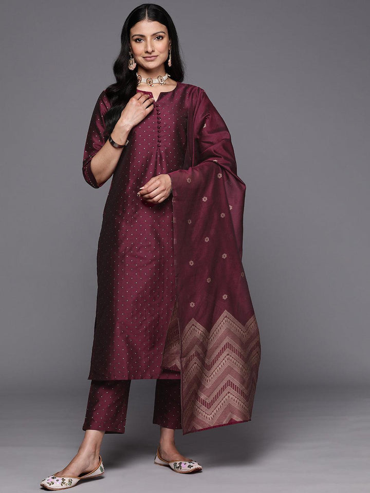 Purple Woven Design Art Silk Straight Suit Set With Trousers - ShopLibas