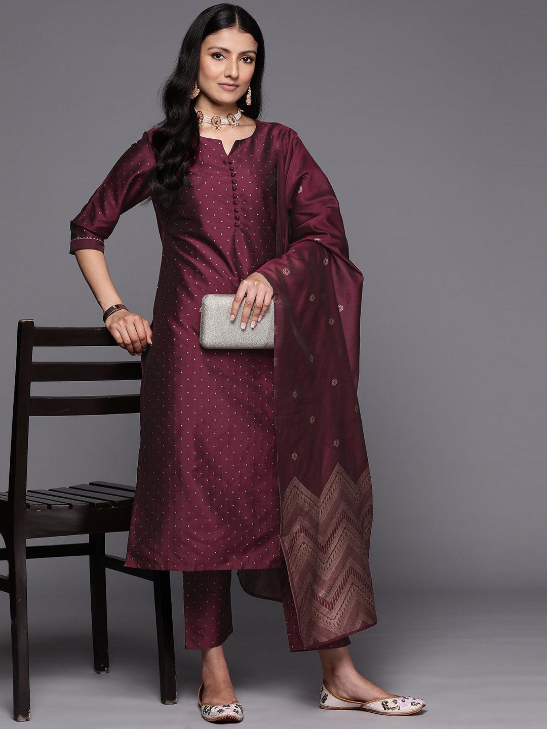 Purple Woven Design Art Silk Straight Suit Set With Trousers - ShopLibas