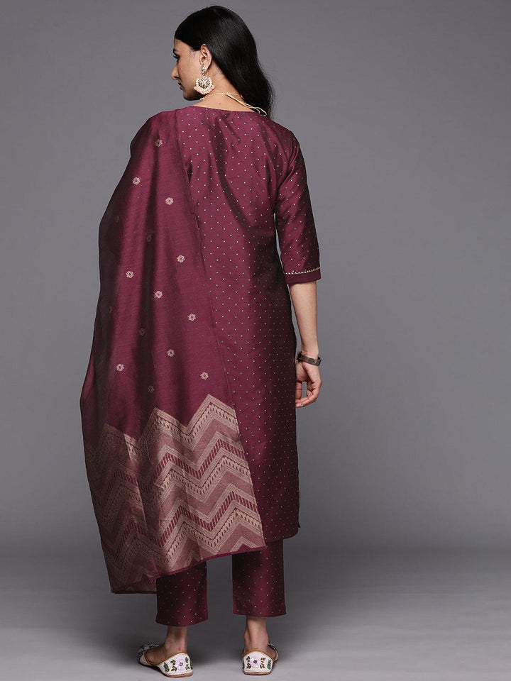 Purple Woven Design Art Silk Straight Suit Set With Trousers - ShopLibas