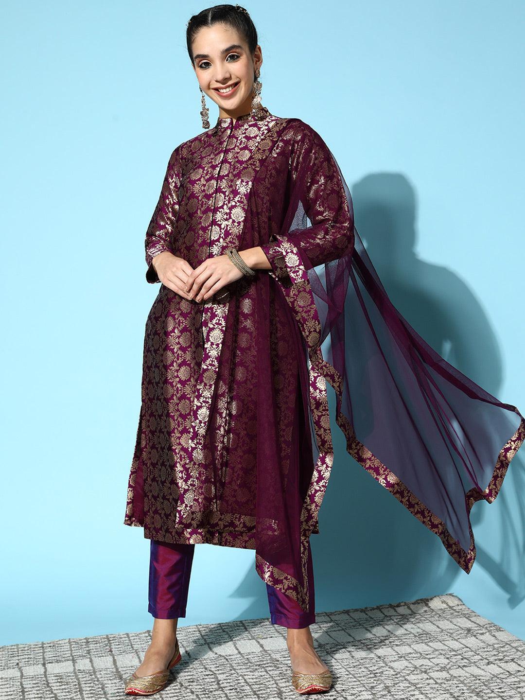 Purple Woven Design Silk Blend Straight Suit Set