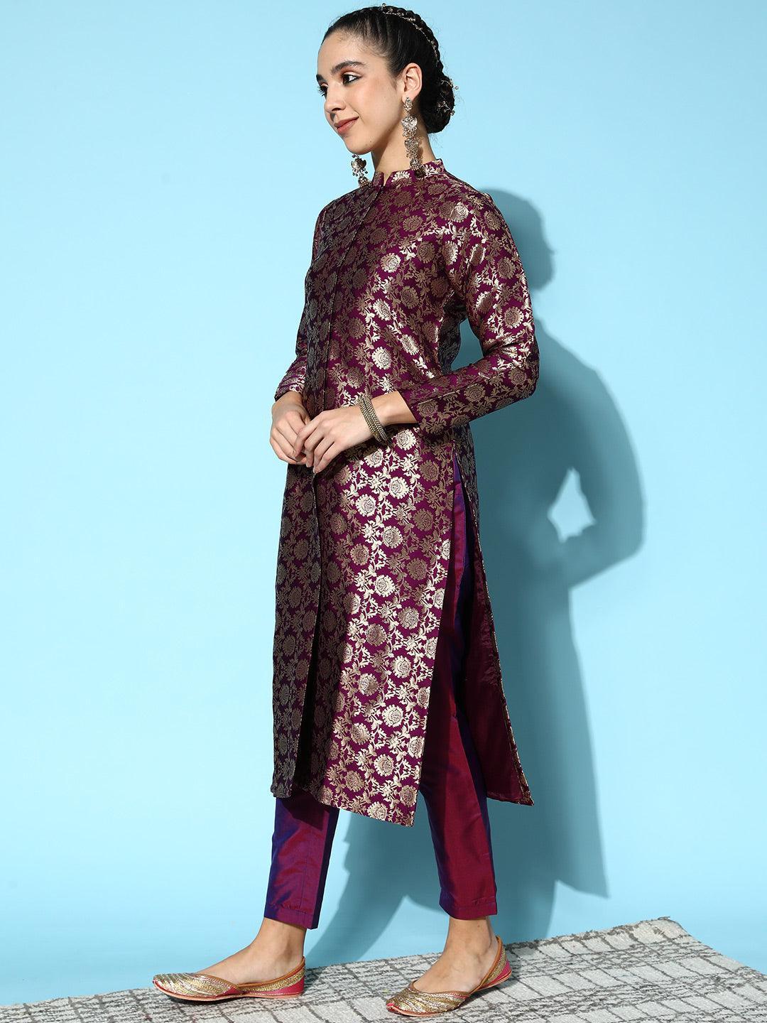 Purple Woven Design Silk Blend Straight Suit Set