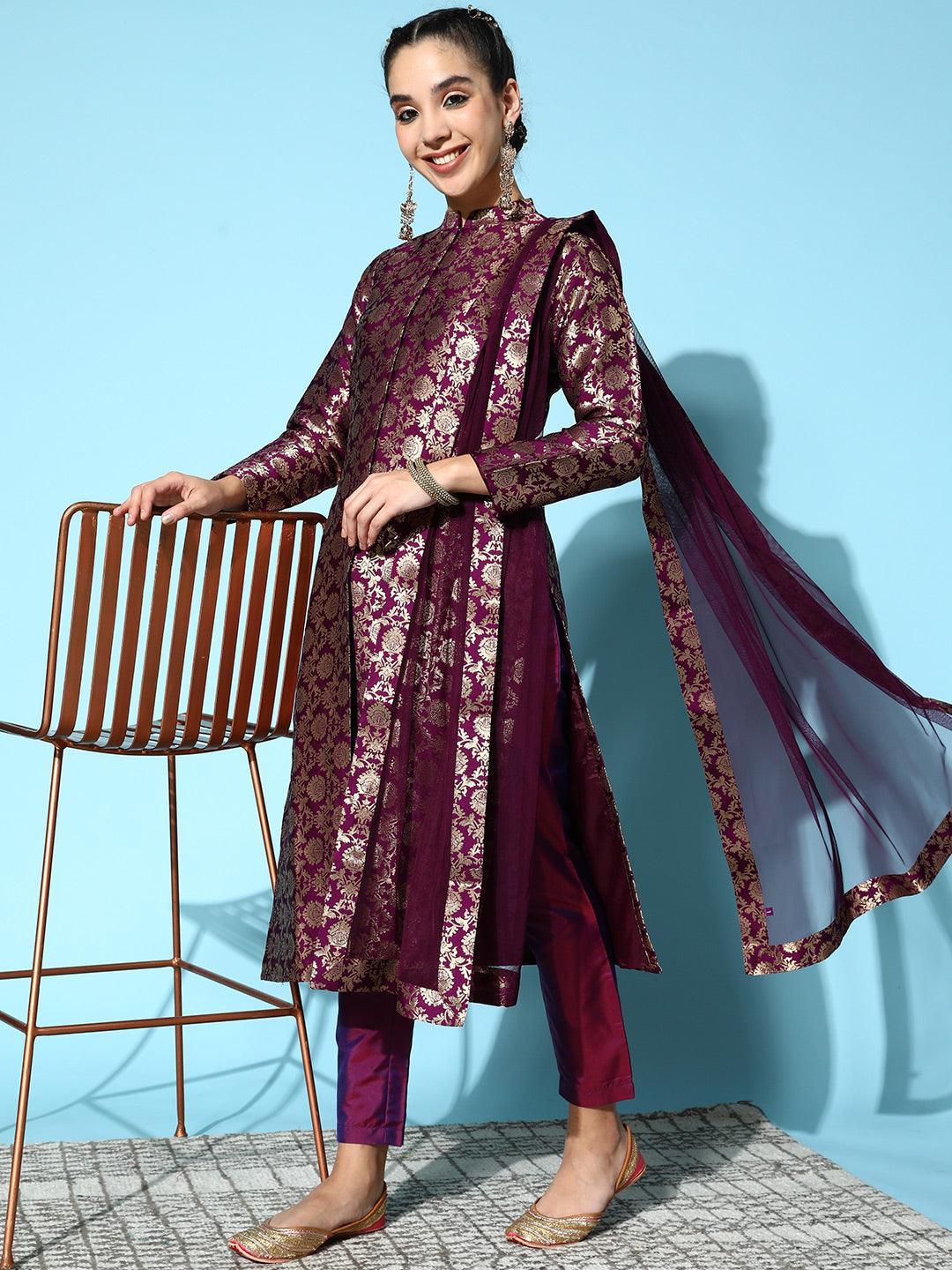 Purple Woven Design Silk Blend Straight Suit Set - ShopLibas