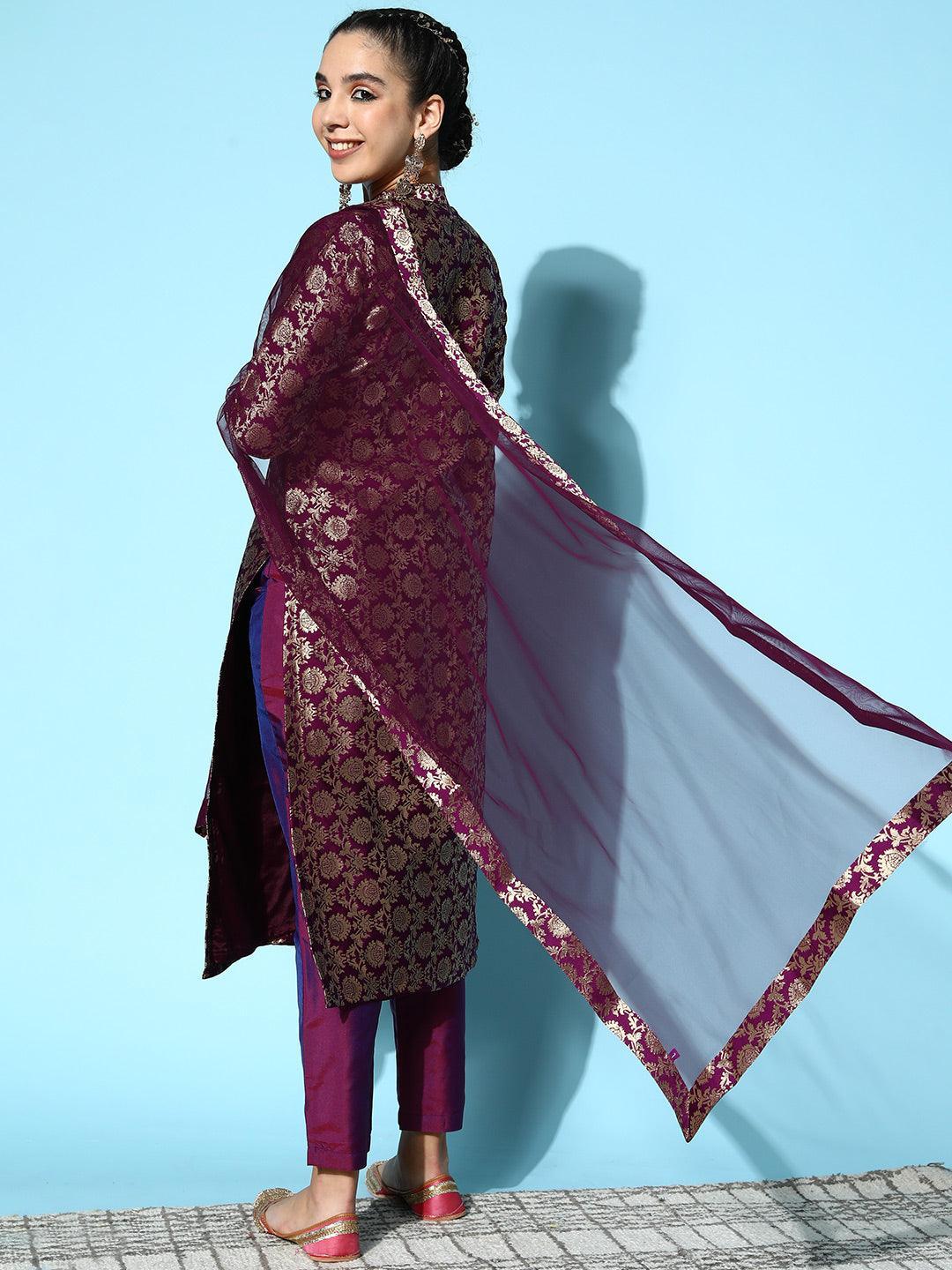 Purple Woven Design Silk Blend Straight Suit Set - ShopLibas