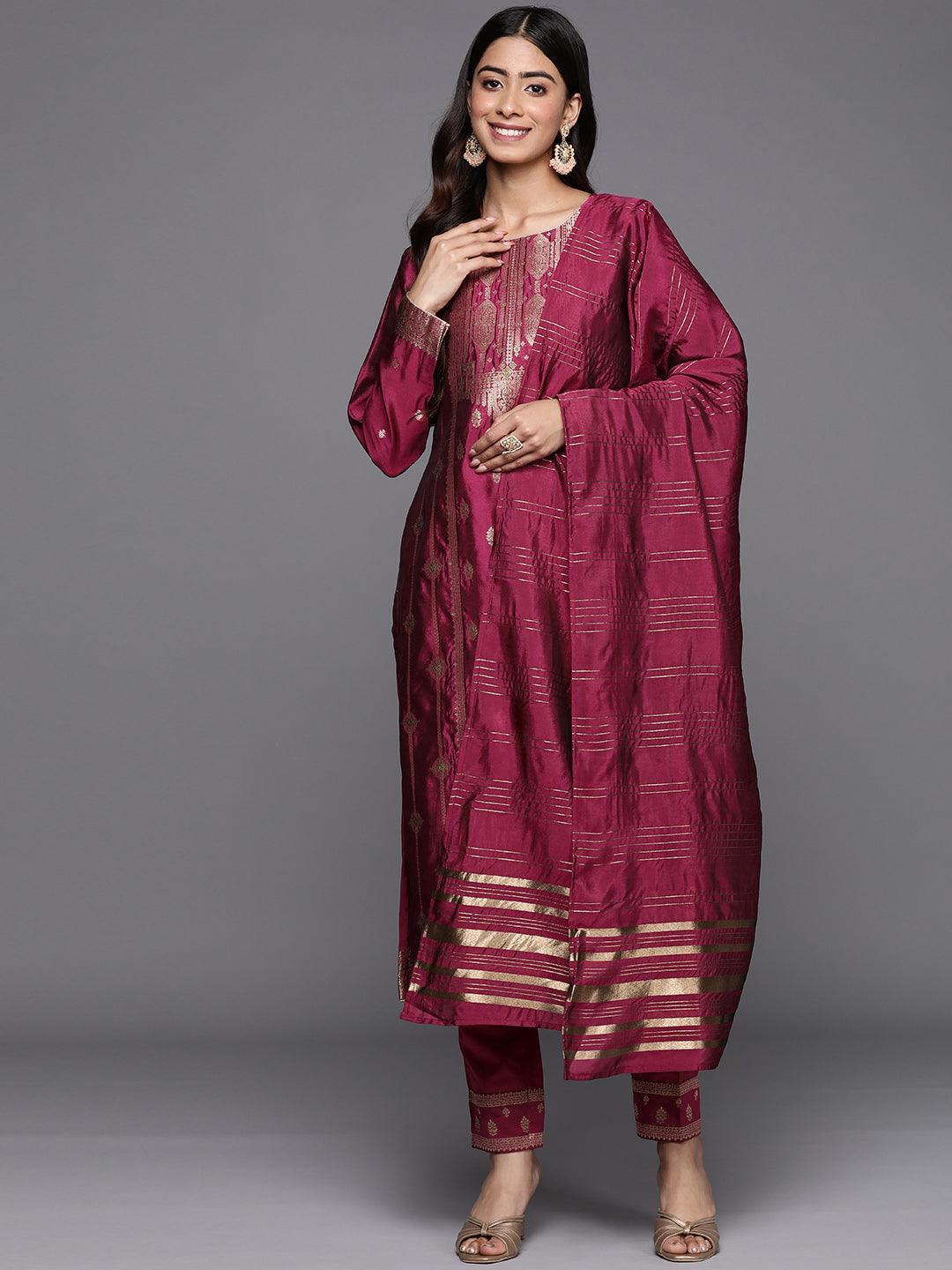 Purple Woven Design Silk Blend Straight Suit Set With Trousers - ShopLibas