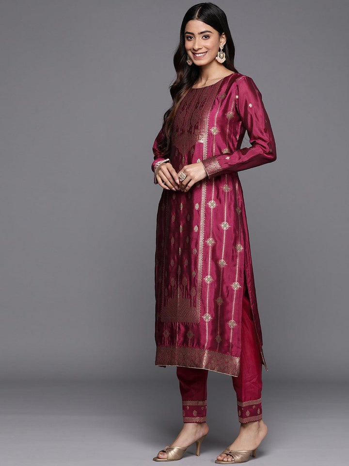 Purple Woven Design Silk Blend Straight Suit Set With Trousers - ShopLibas