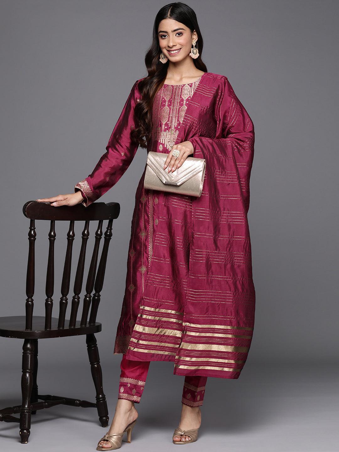 Purple Woven Design Silk Blend Straight Suit Set With Trousers - ShopLibas