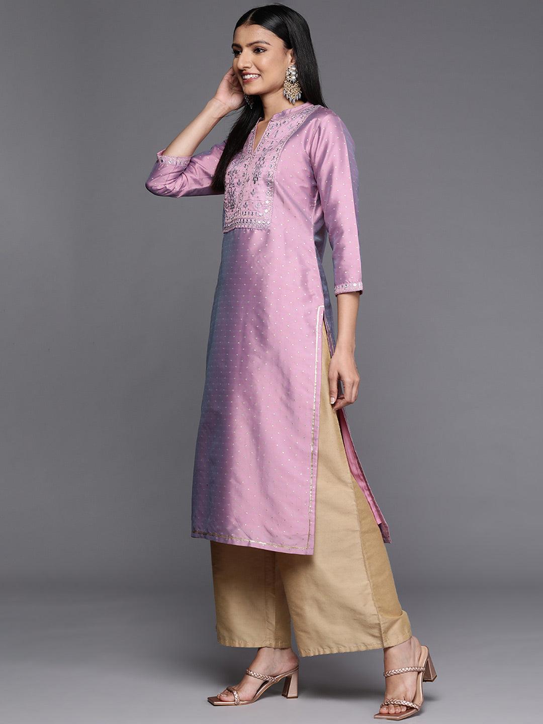 Purple Yoke Design Art Silk Straight Kurta