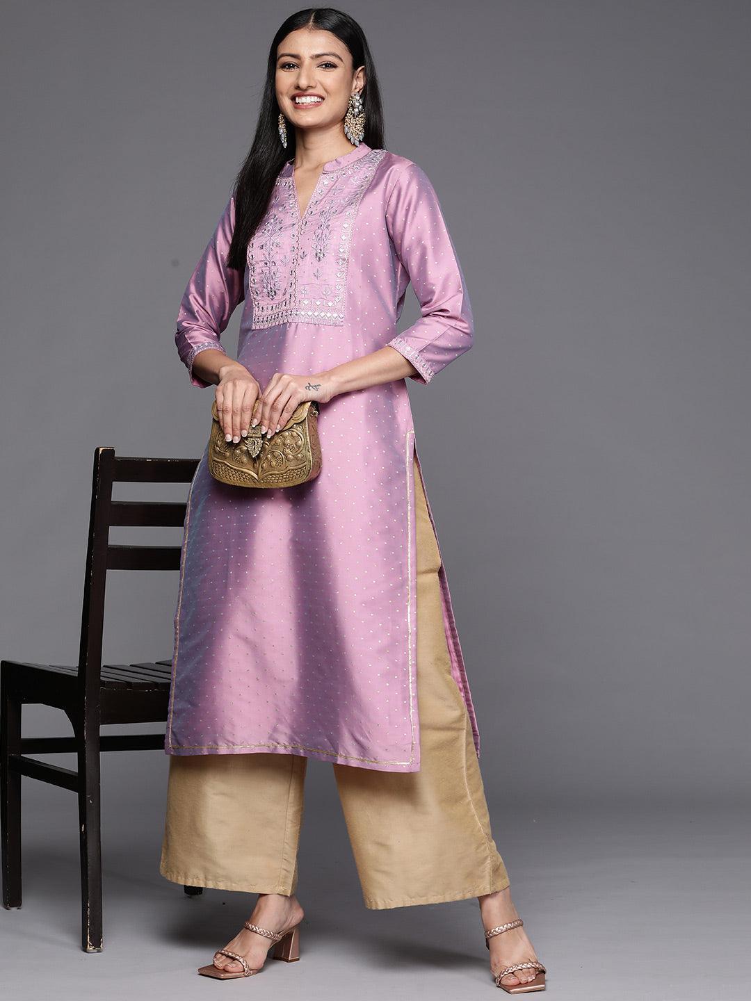 Purple Yoke Design Art Silk Straight Kurta