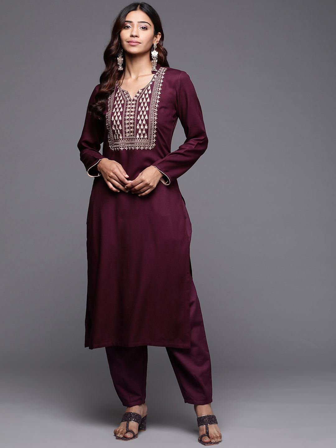 Purple Yoke Design Pashmina Wool Straight Kurta