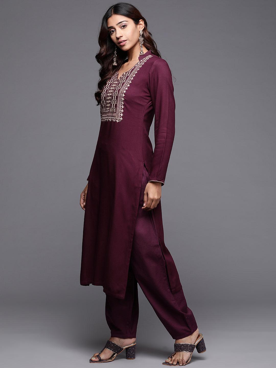 Purple Yoke Design Pashmina Wool Straight Kurta