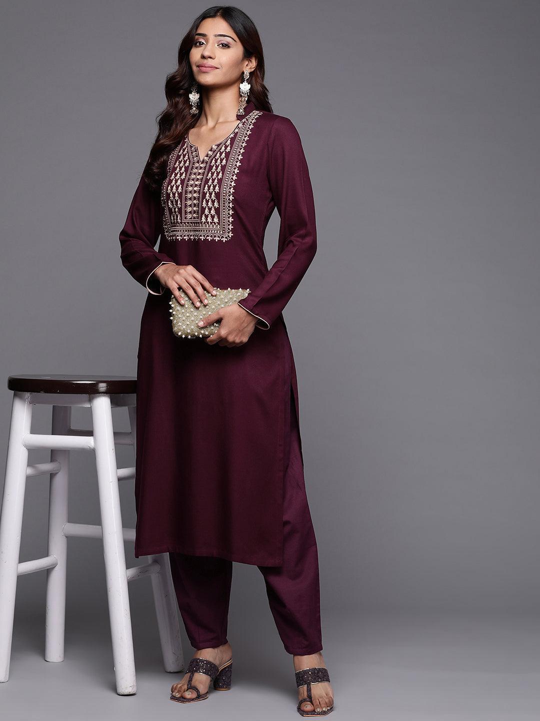 Purple Yoke Design Pashmina Wool Straight Kurta