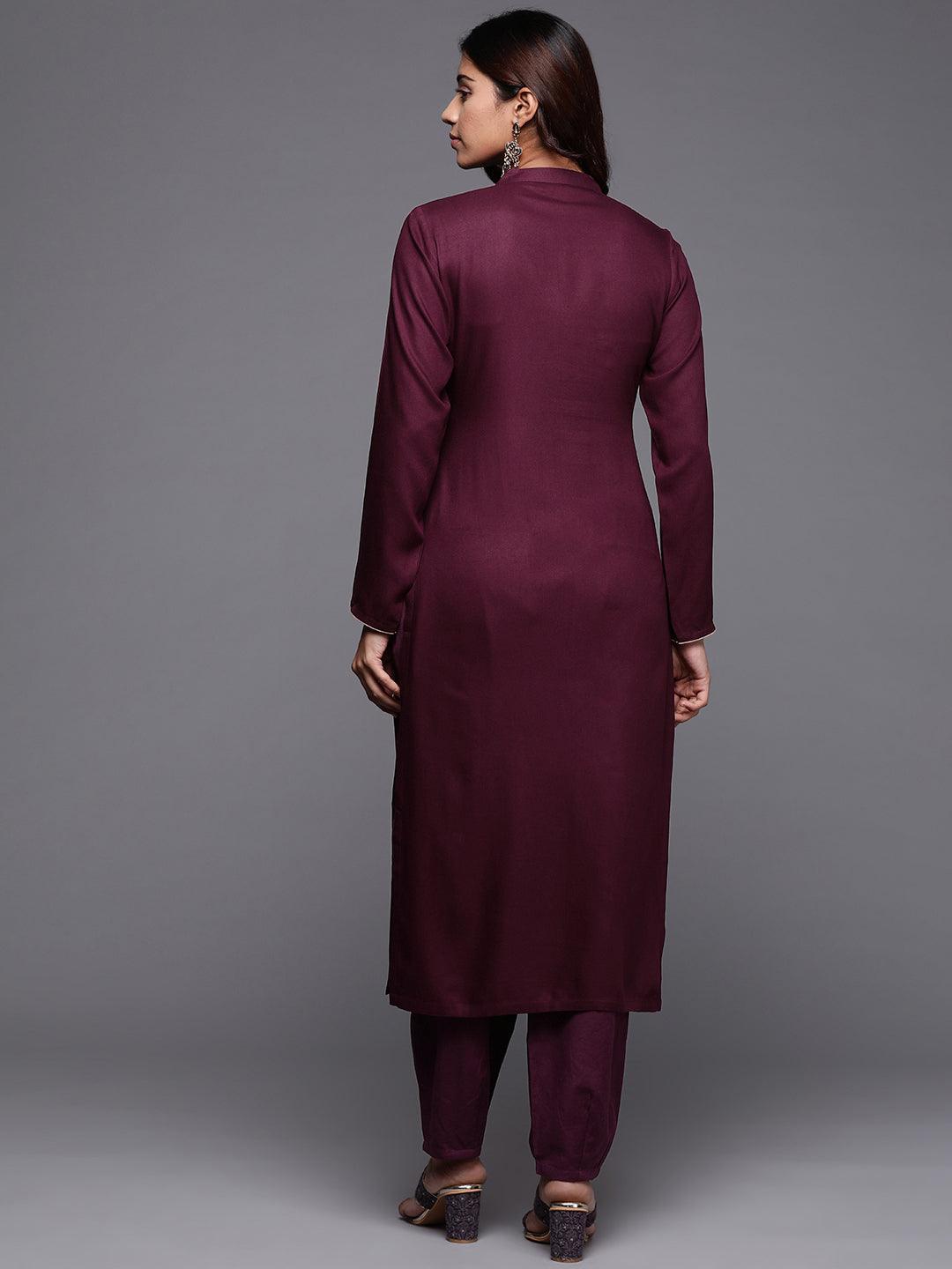 Purple Yoke Design Pashmina Wool Straight Kurta