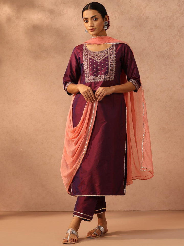 Purple Yoke Design Silk Blend Suit Set With Trousers - ShopLibas