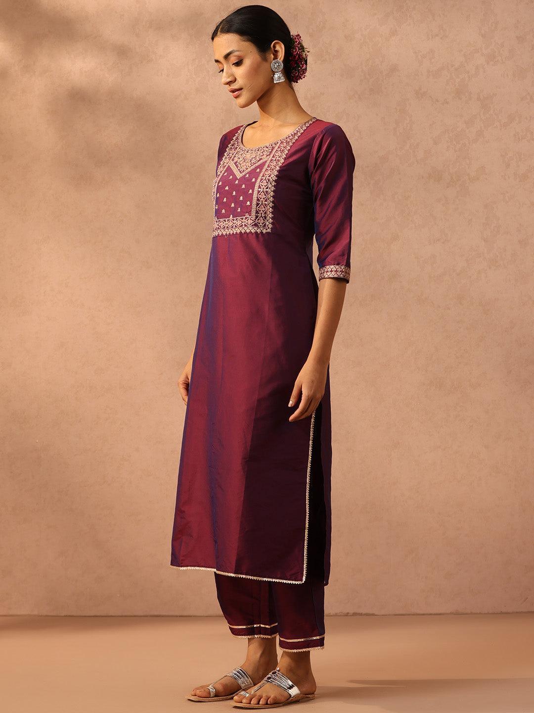 Purple Yoke Design Silk Blend Suit Set With Trousers - ShopLibas