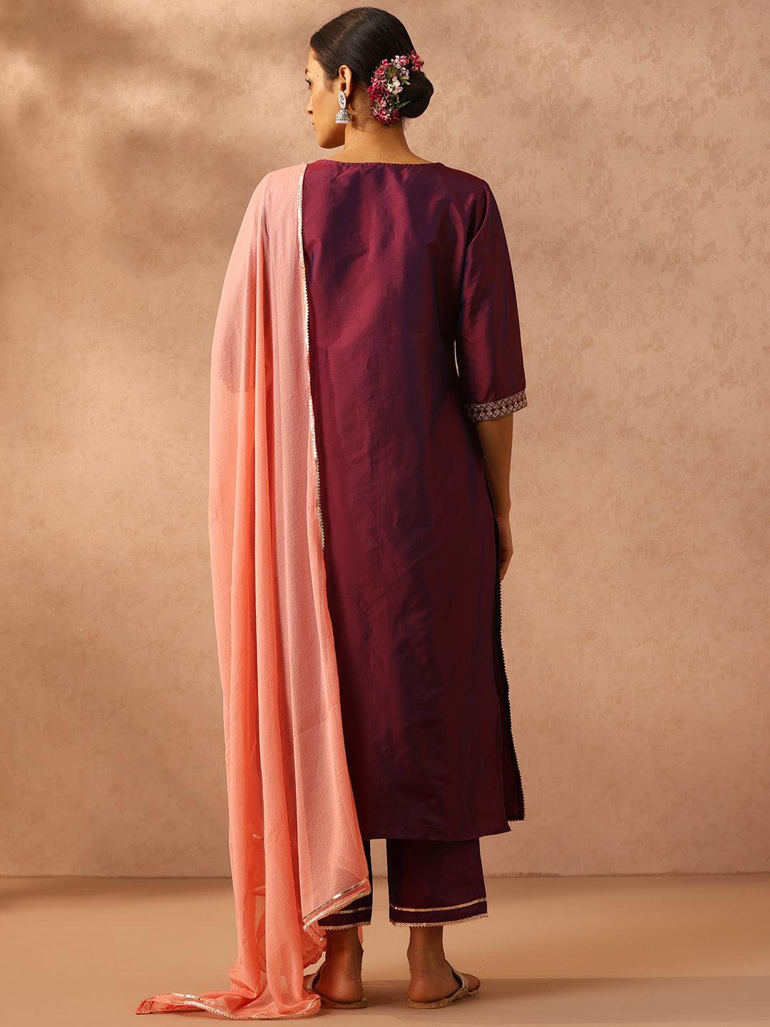 Purple Yoke Design Silk Blend Suit Set With Trousers - ShopLibas