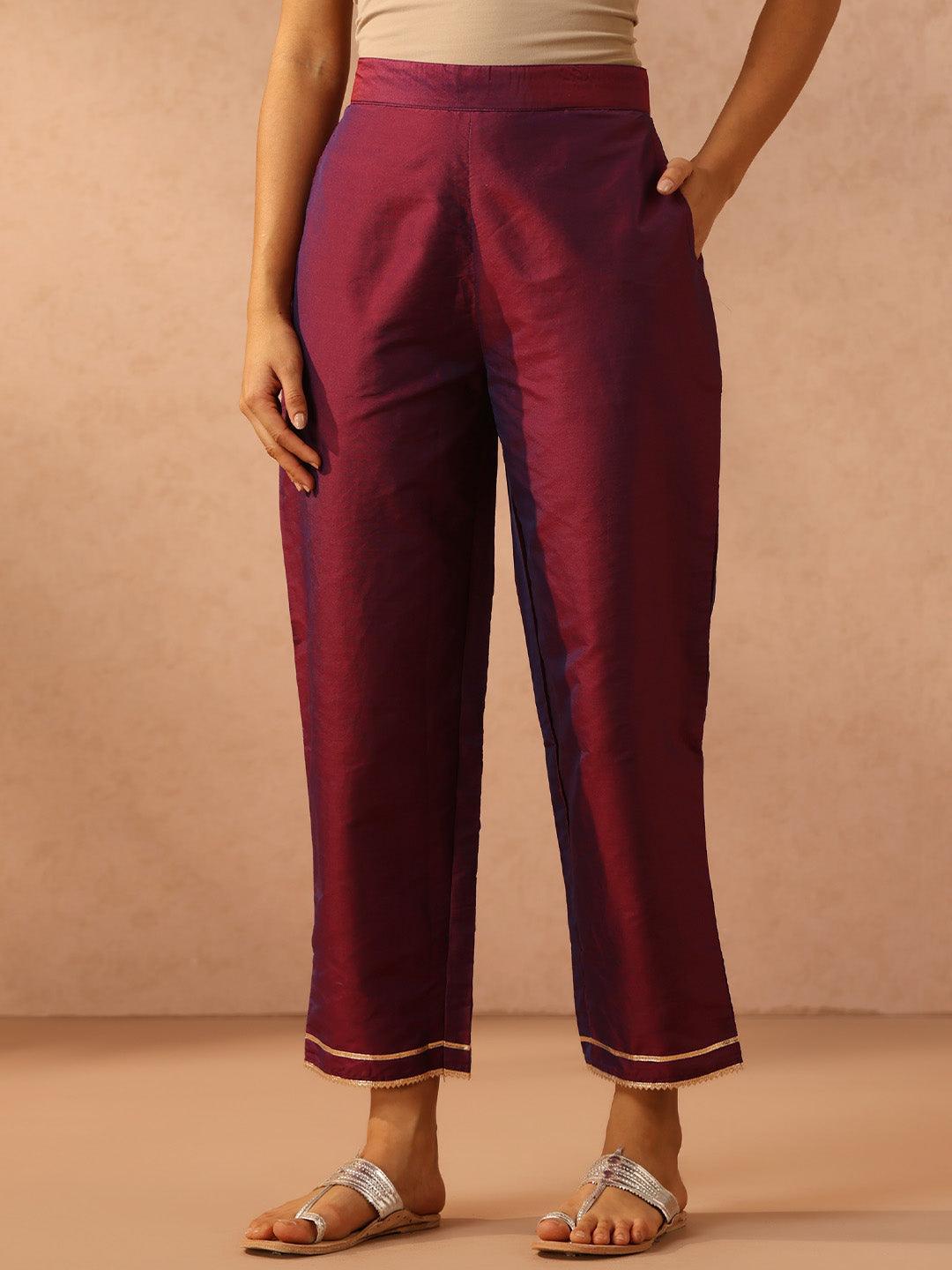 Purple Yoke Design Silk Blend Suit Set With Trousers - ShopLibas