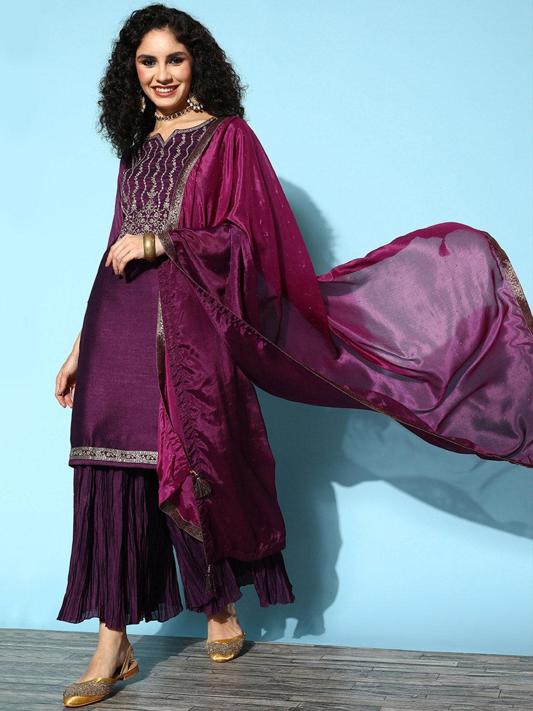 Purple Yoke Design Silk Blend Straight Suit Set