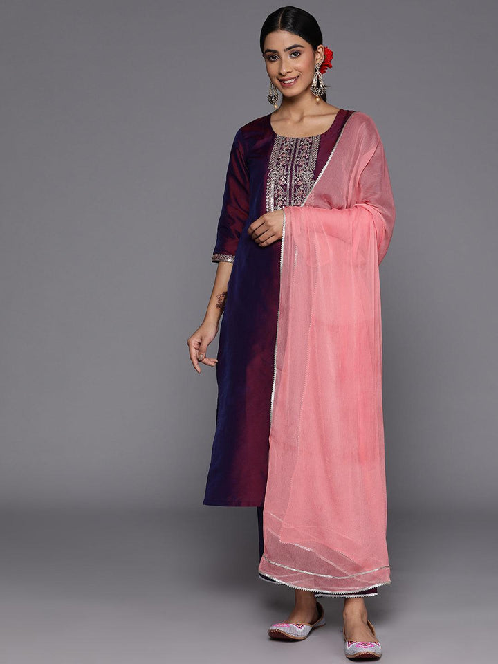 Purple Yoke Design Silk Blend Suit Set With Trousers - ShopLibas