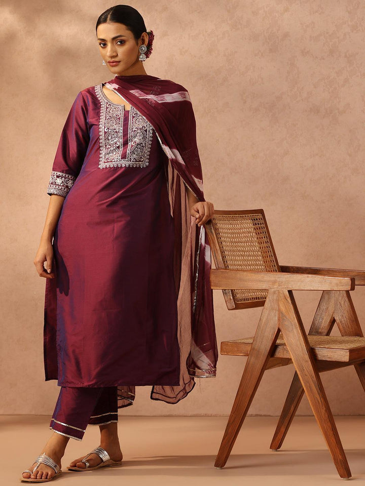 Purple Yoke Design Silk Blend Suit Set With Trousers - ShopLibas