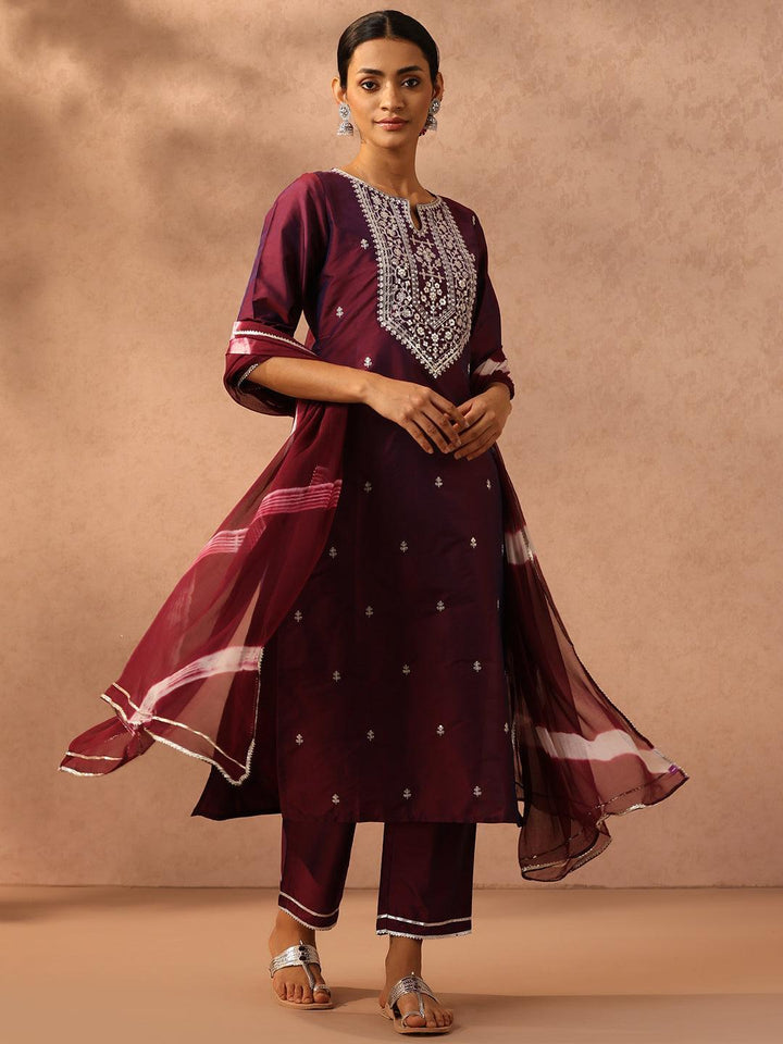 Purple Yoke Design Silk Blend Suit Set With Trousers - ShopLibas