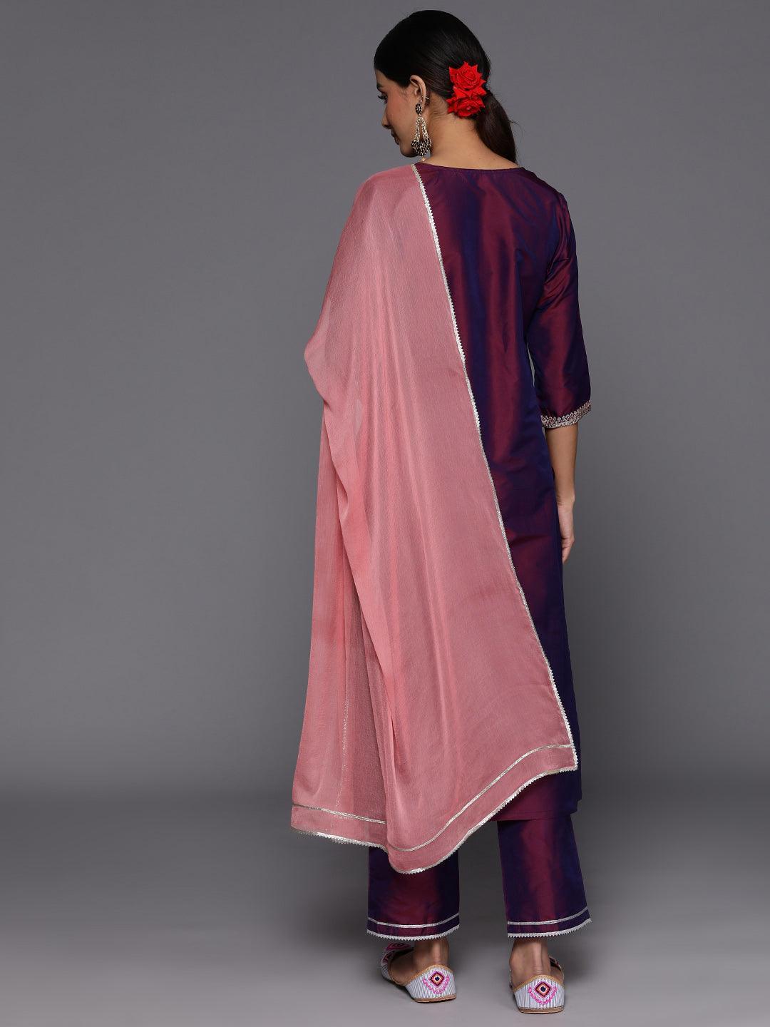 Purple Yoke Design Silk Blend Suit Set With Trousers - ShopLibas