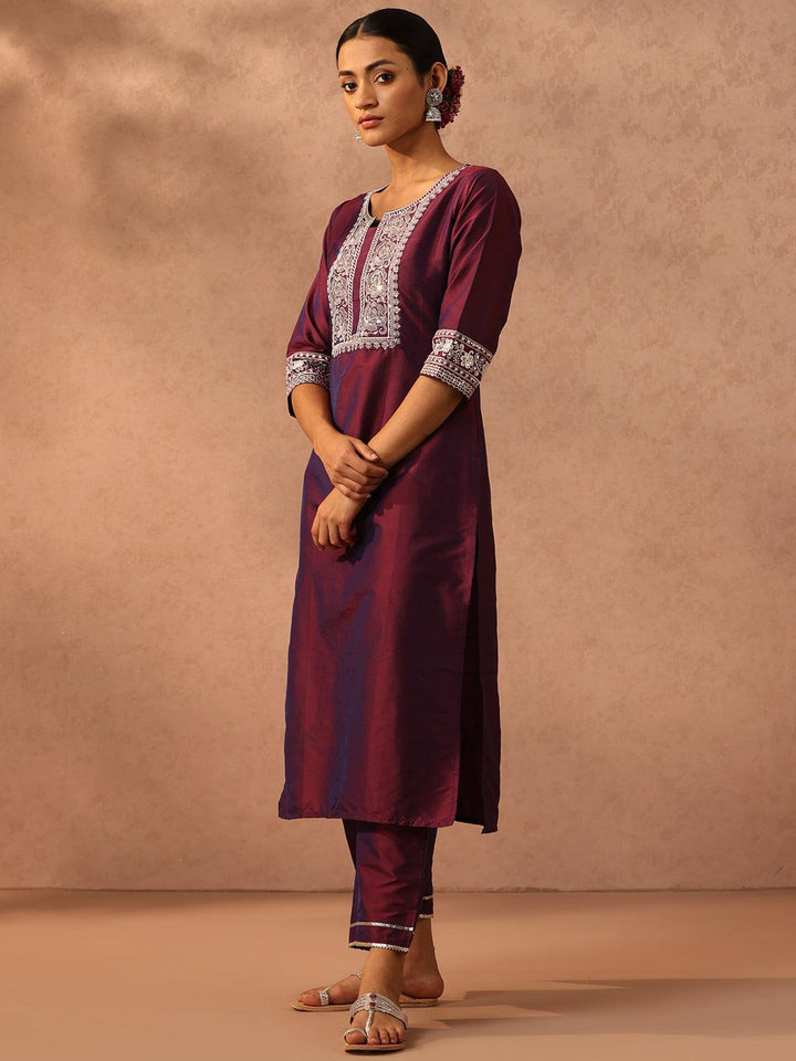 Purple Yoke Design Silk Blend Suit Set With Trousers - ShopLibas