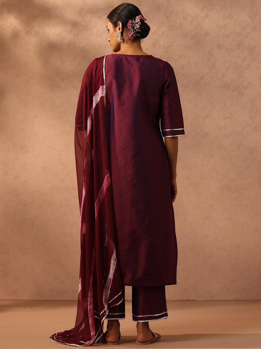 Purple Yoke Design Silk Blend Suit Set With Trousers - ShopLibas