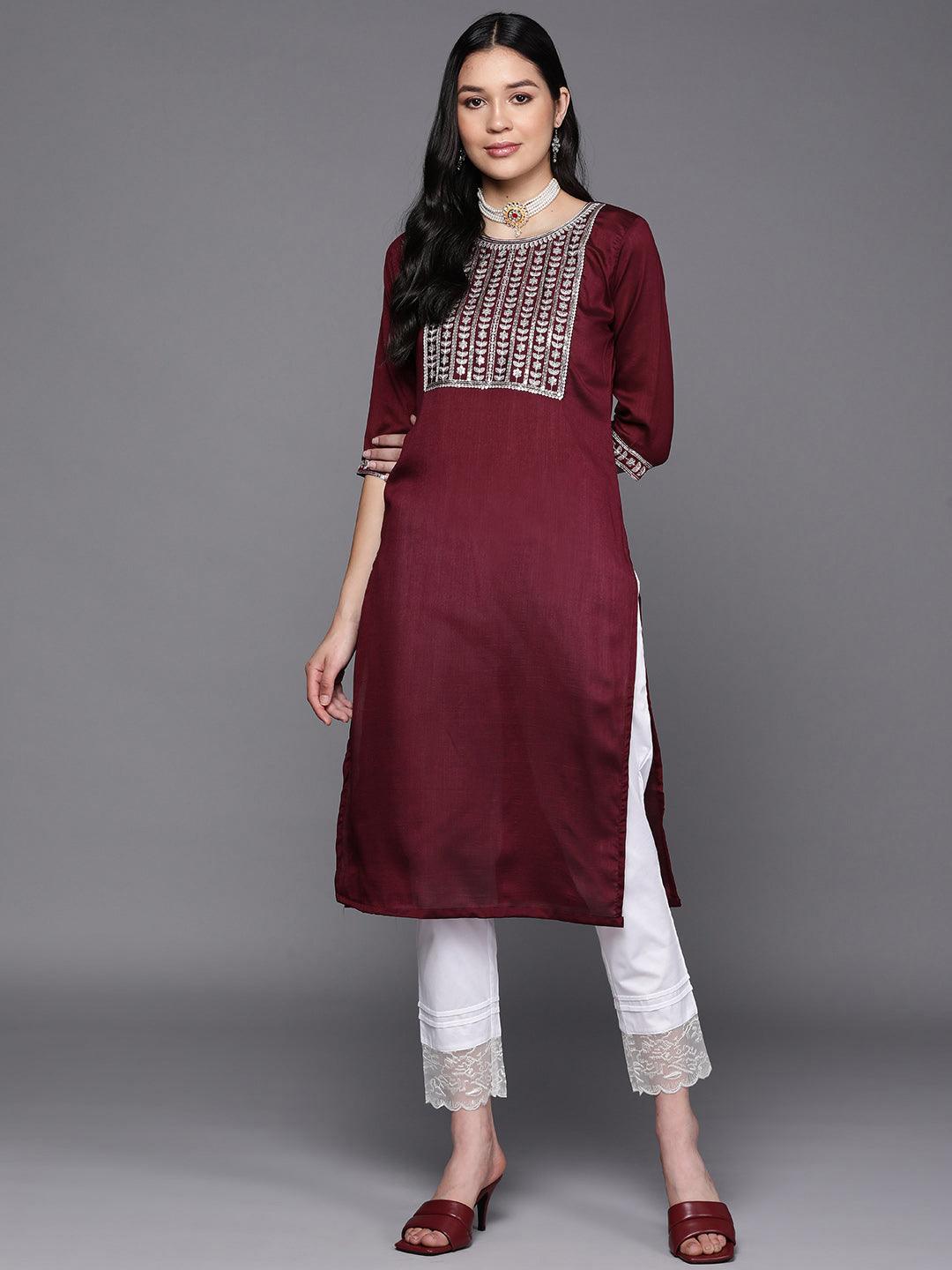 Purple Yoke Design Silk Straight Kurta - ShopLibas