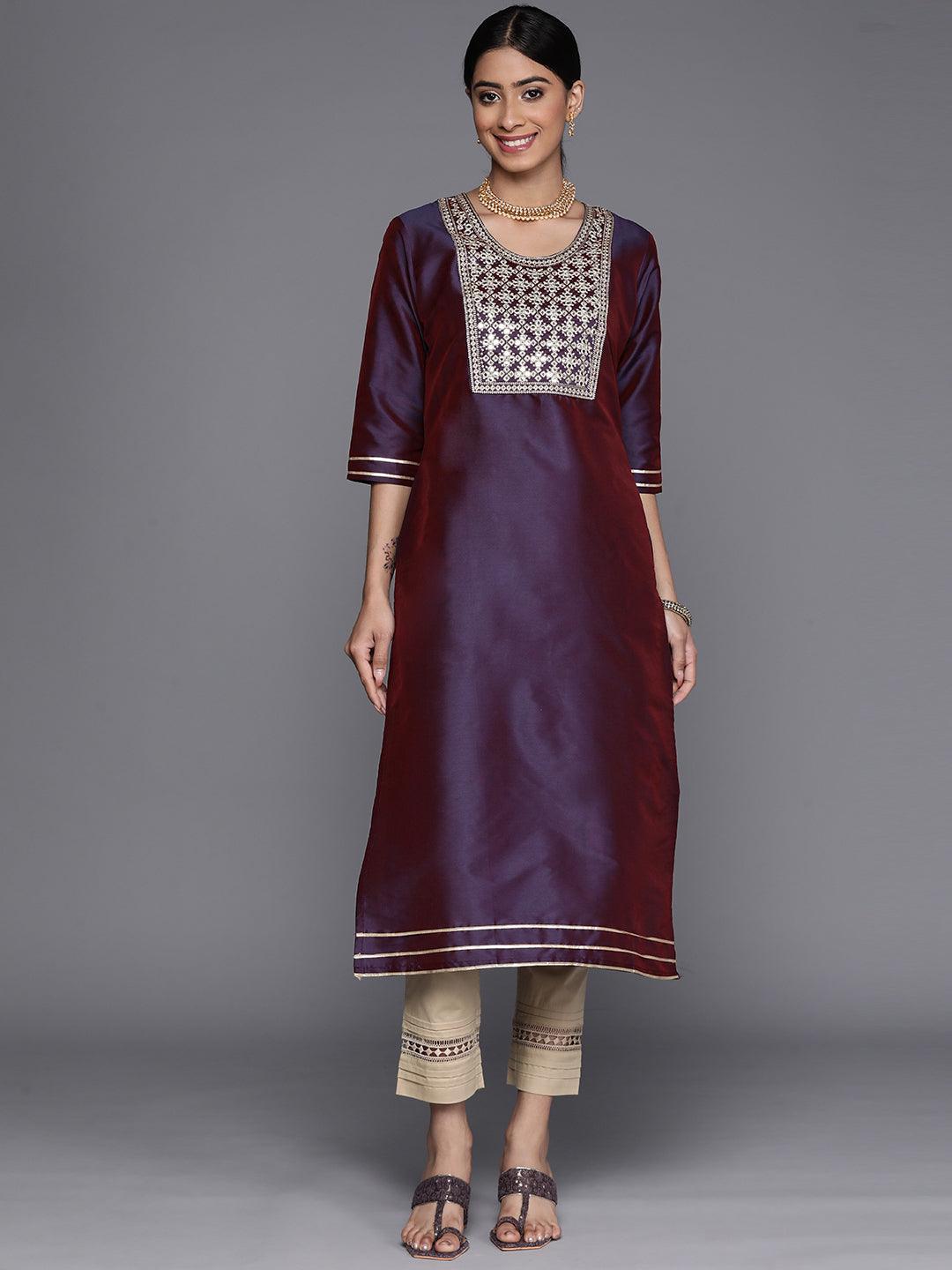 Purple Yoke Design Silk Straight Kurta