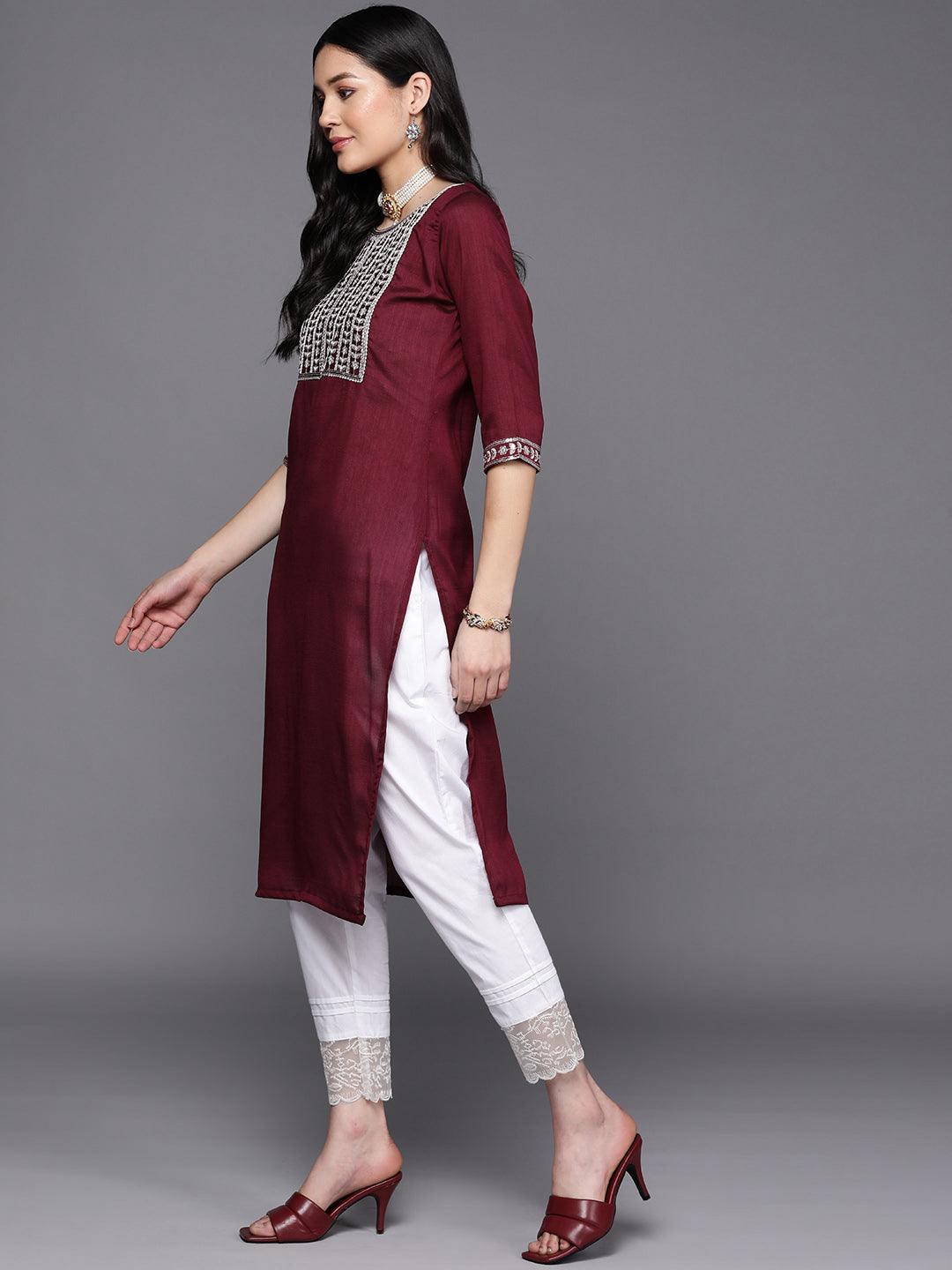 Purple Yoke Design Silk Straight Kurta