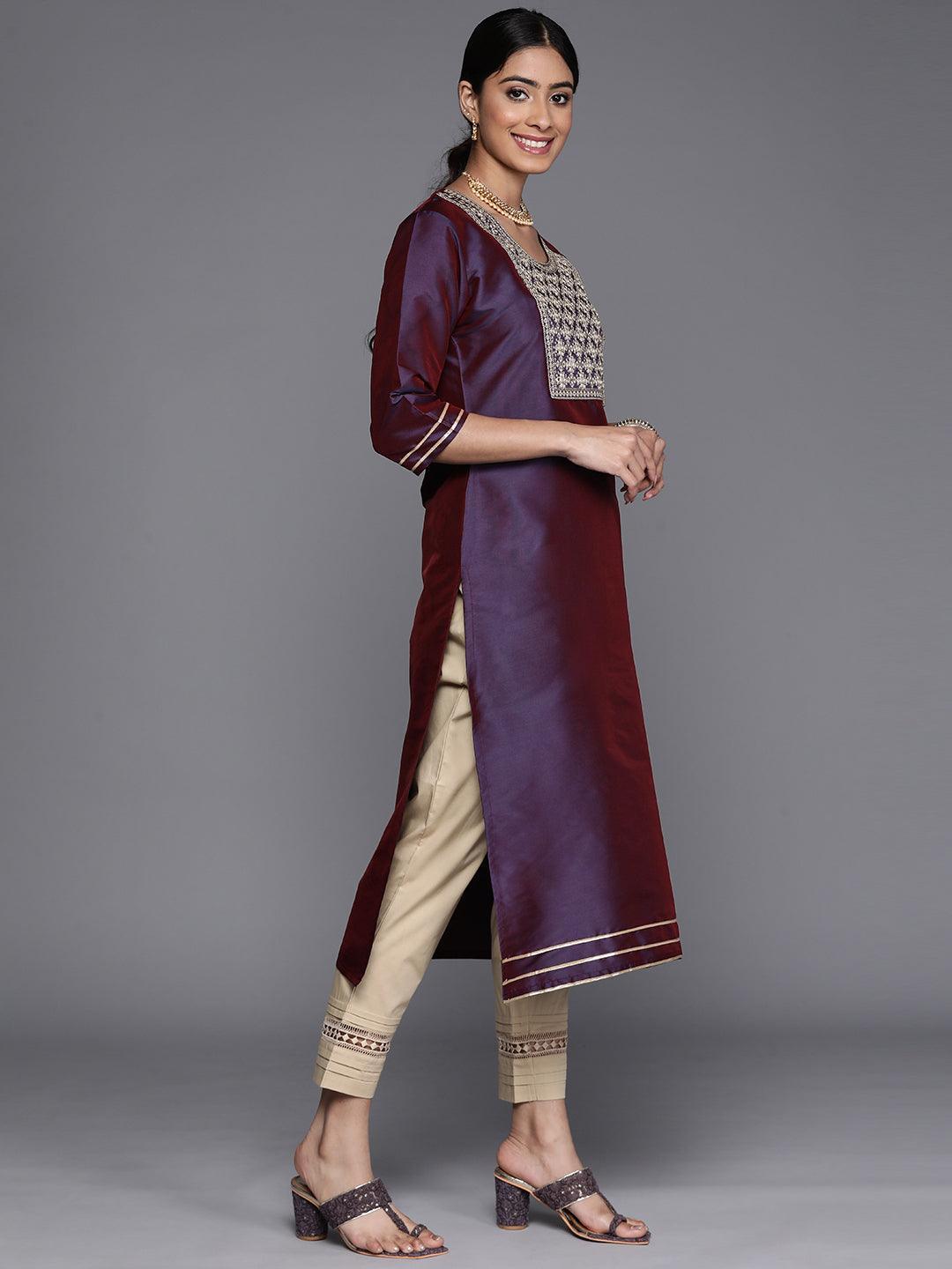 Purple Yoke Design Silk Straight Kurta