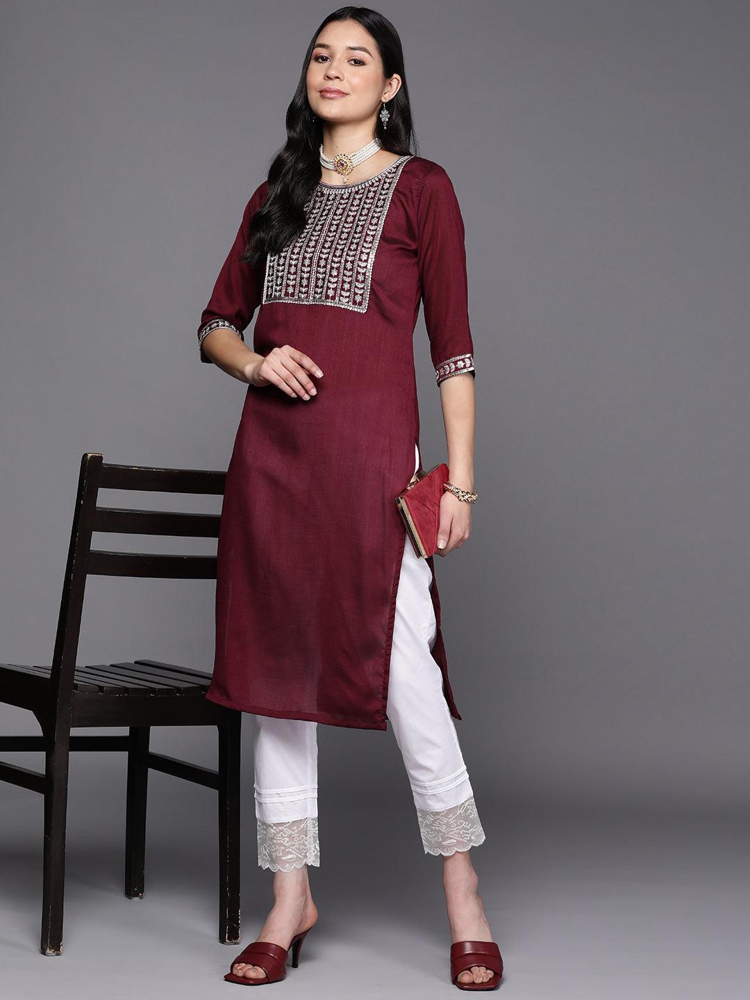 Purple Yoke Design Silk Straight Kurta