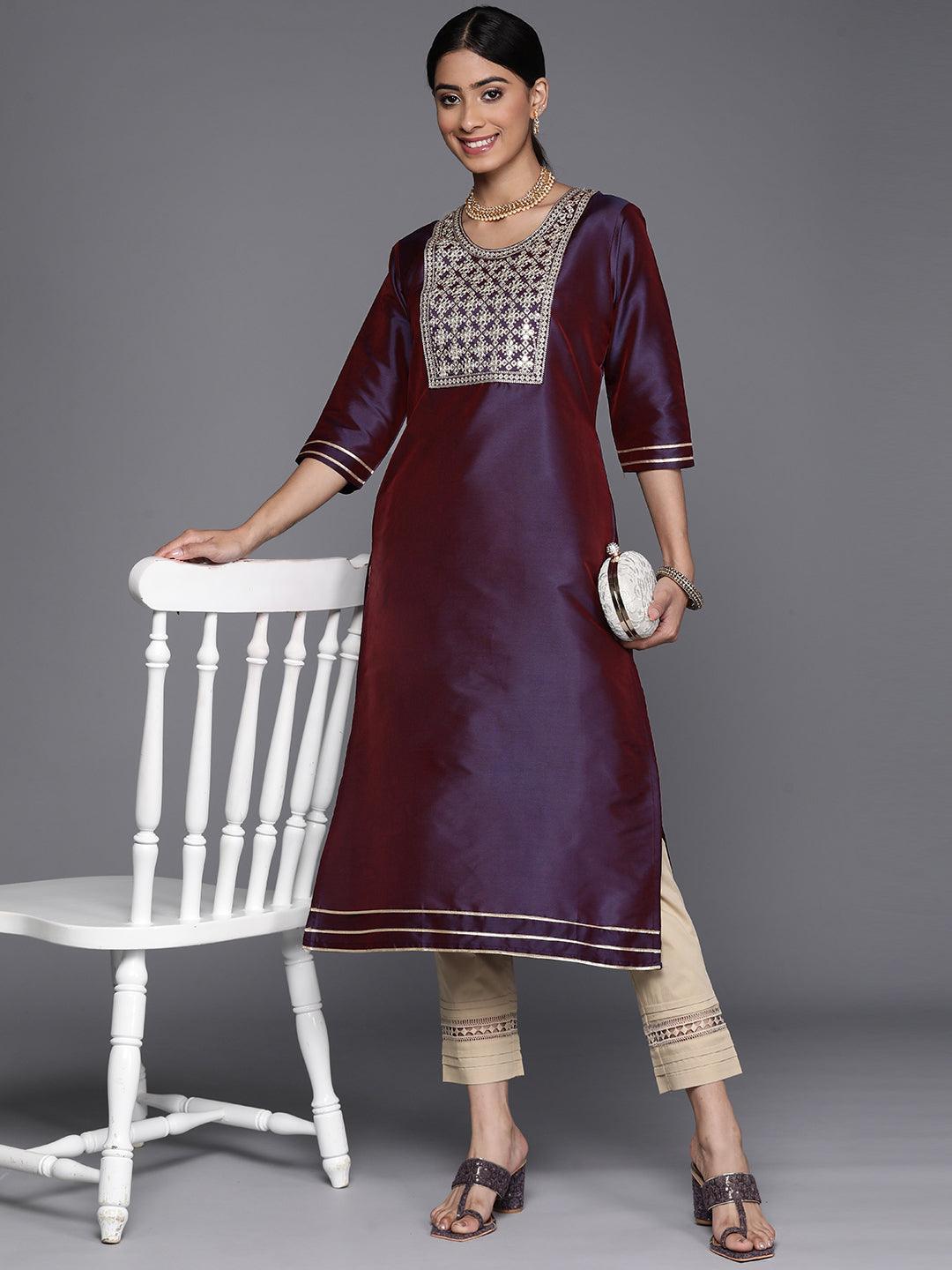 Purple Yoke Design Silk Straight Kurta