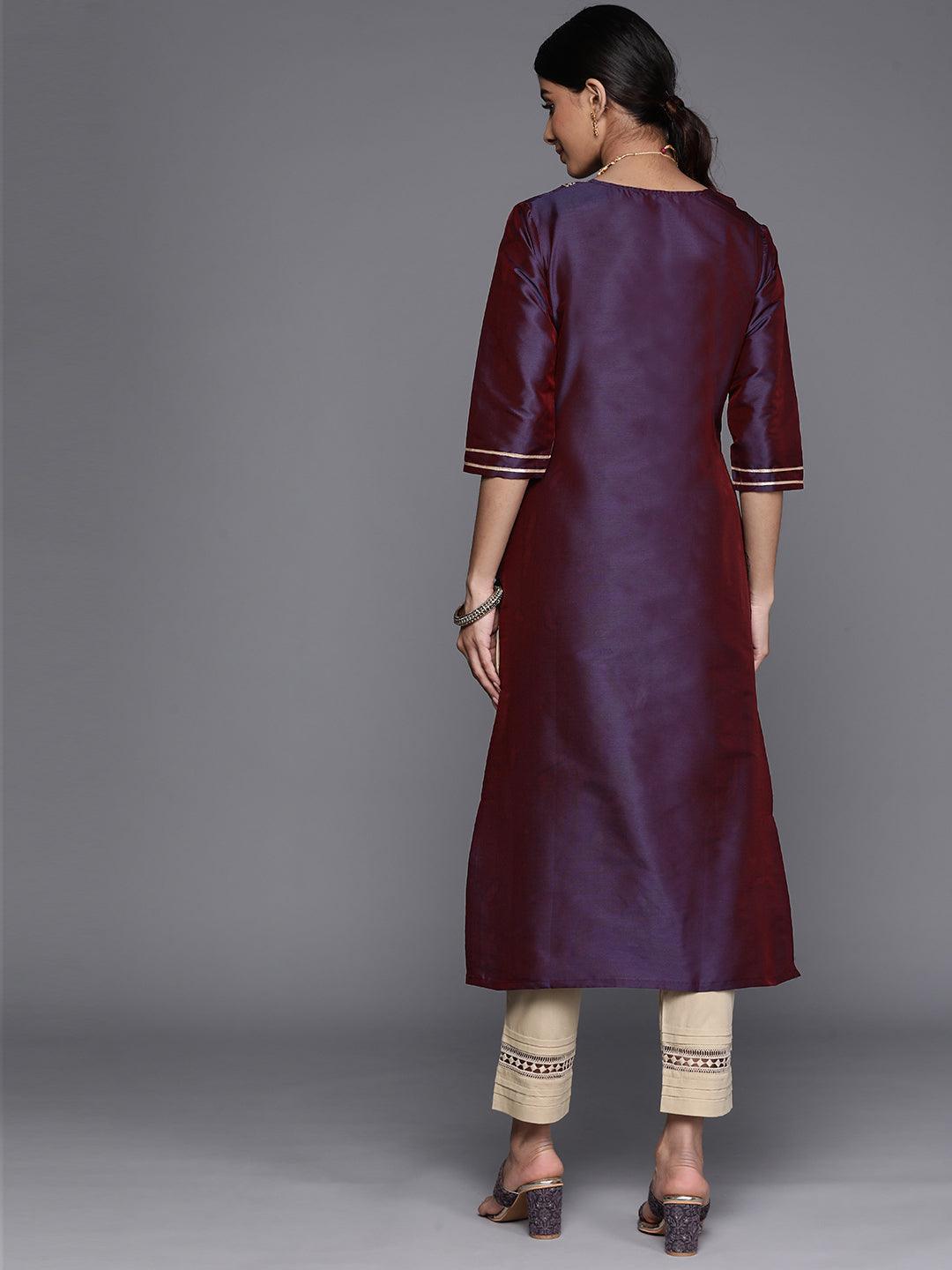 Purple Yoke Design Silk Straight Kurta - Libas